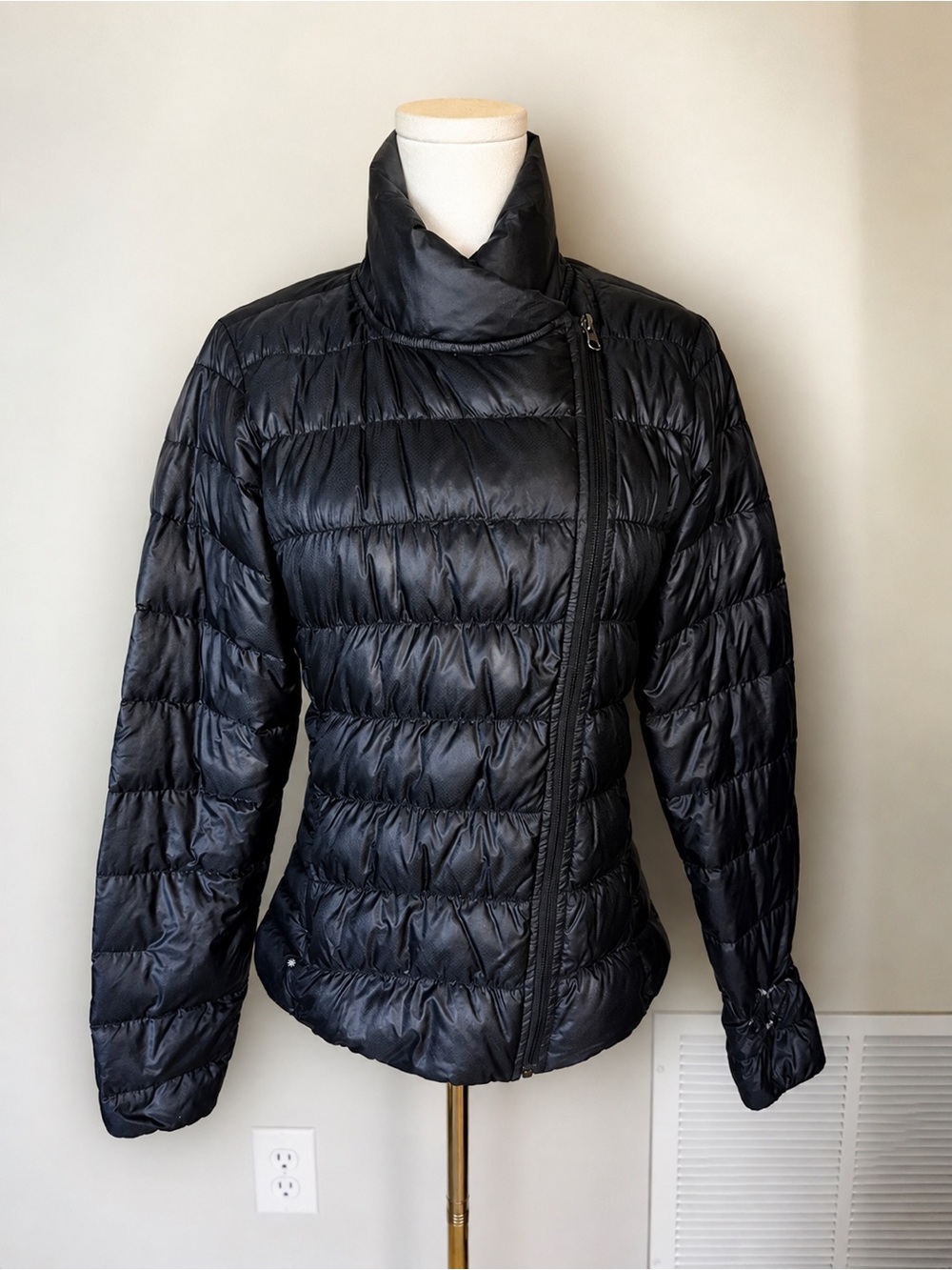 Athleta Black Goose Down Puffer Jacket Asymmetrical Zip Moto Lightweight